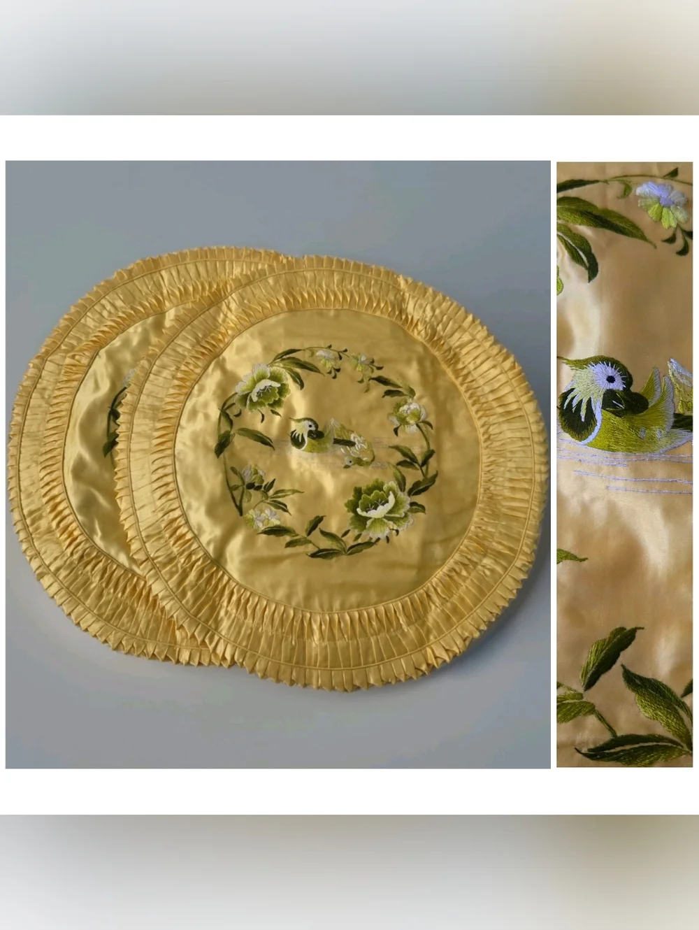 Vtg Silk Embroidered Pillow Covers, Mid Century, Birds, Floral, Like New